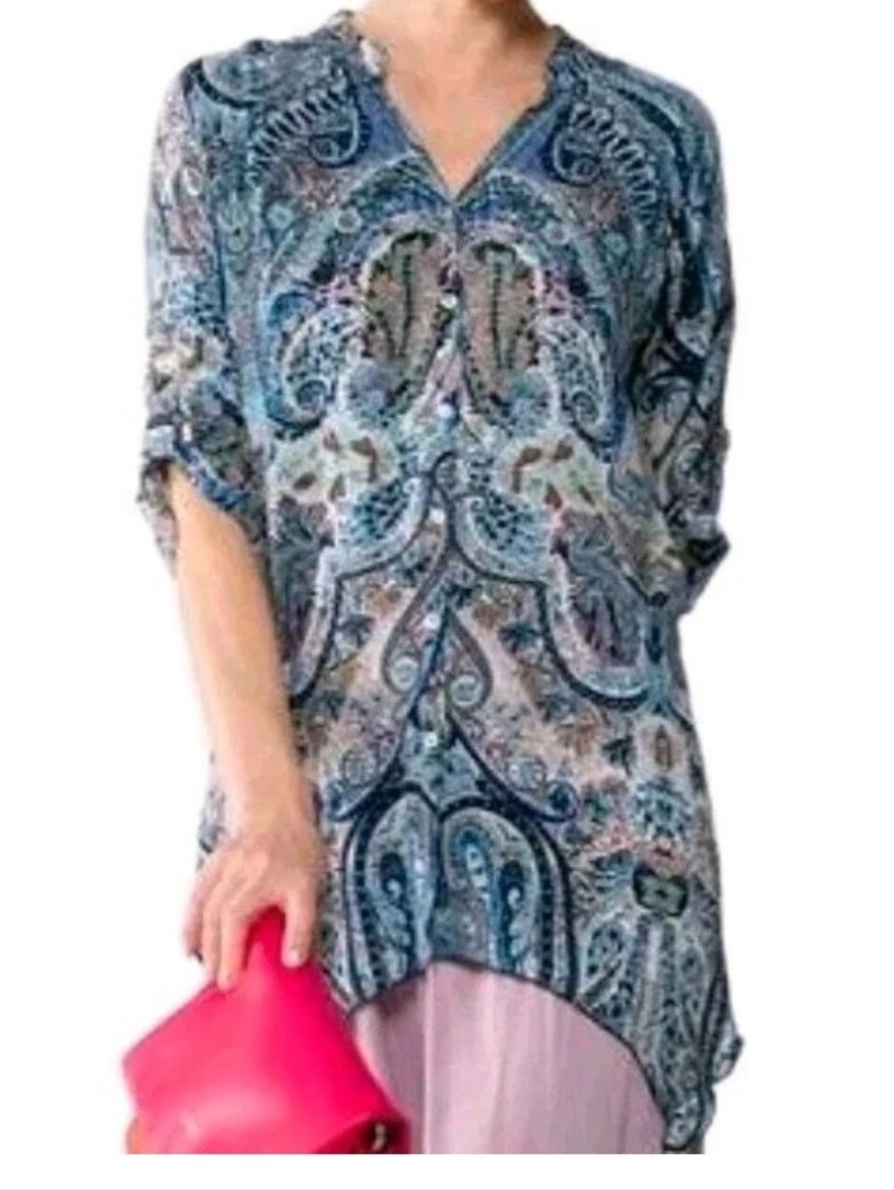 GRAND & GREENE size Large Paisley Boho Roll Tab Sleeve Sharkbite Hem Tunic Top